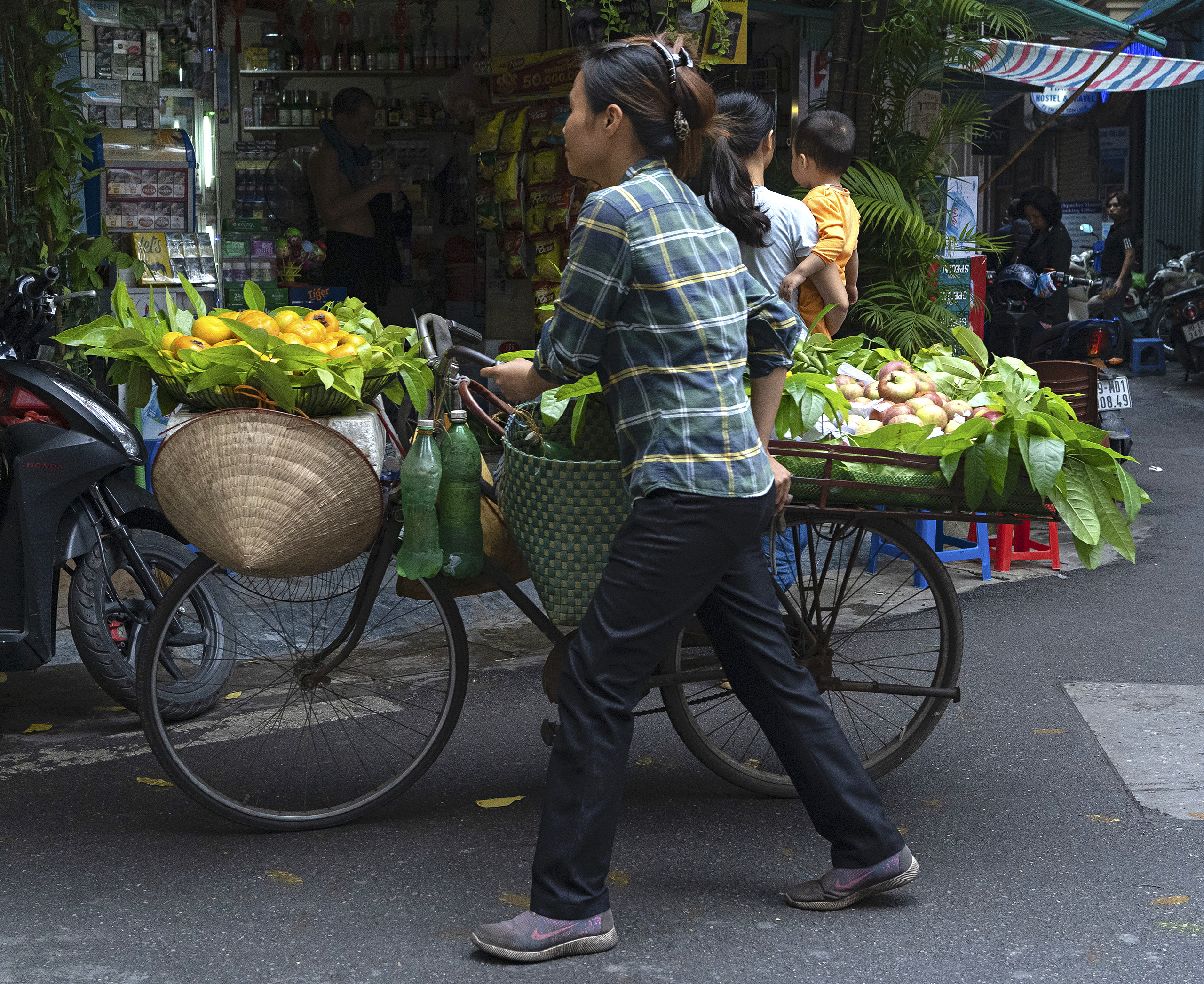 Ha Noi, bicycle woman with apples